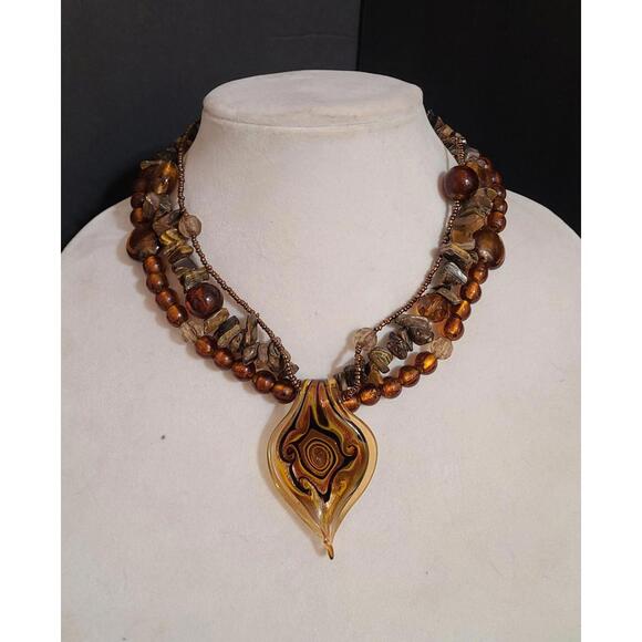 Vintage Brown Three- Strand 17" Necklace Swirl Pendant Bohemian Fashion Jewelry - Picture 1 of 4